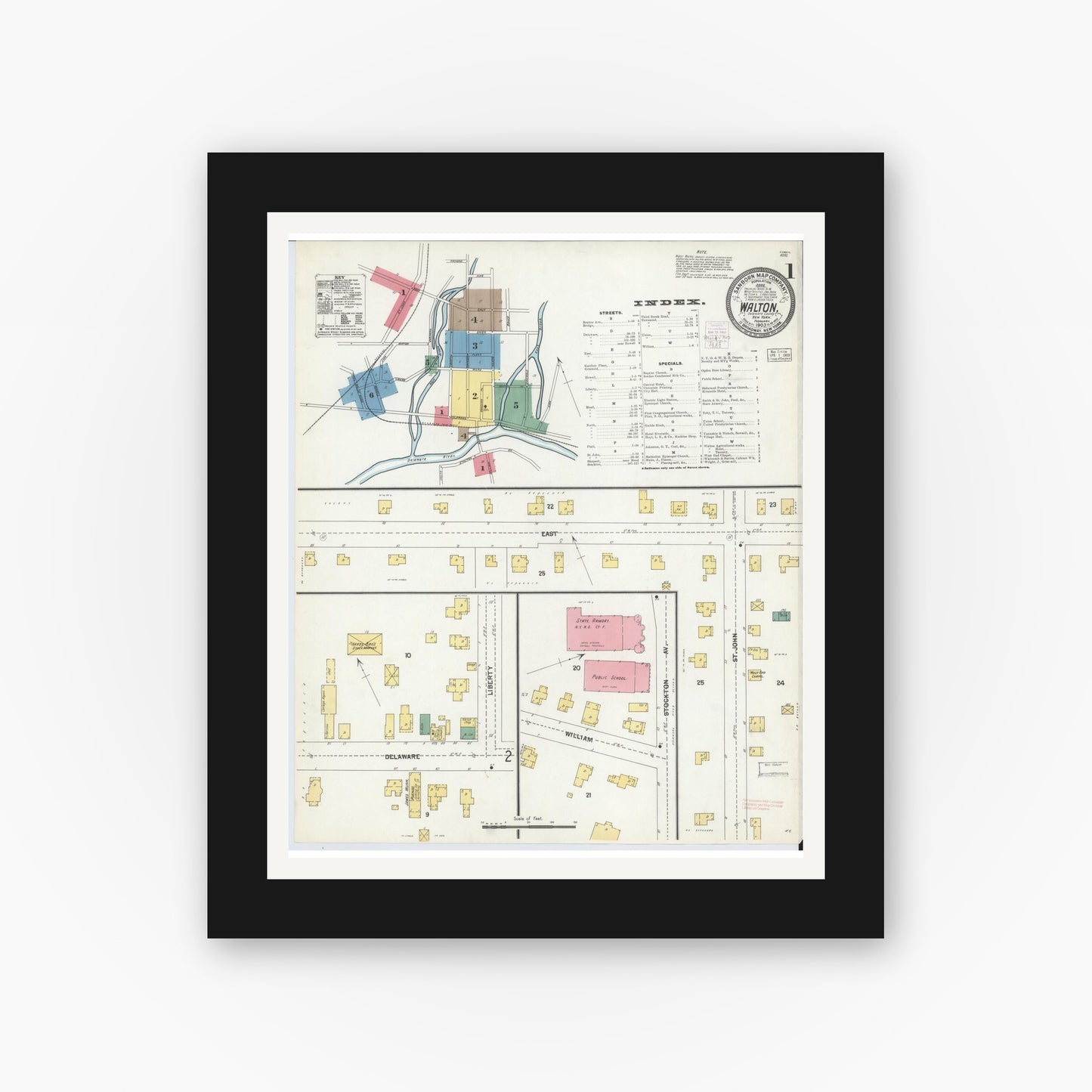 Old map wall art mockup — black gallery frame with white mat — Sanborn Fire Insurance Map from Walton, Delaware County, New York (1903), Sheet #0001