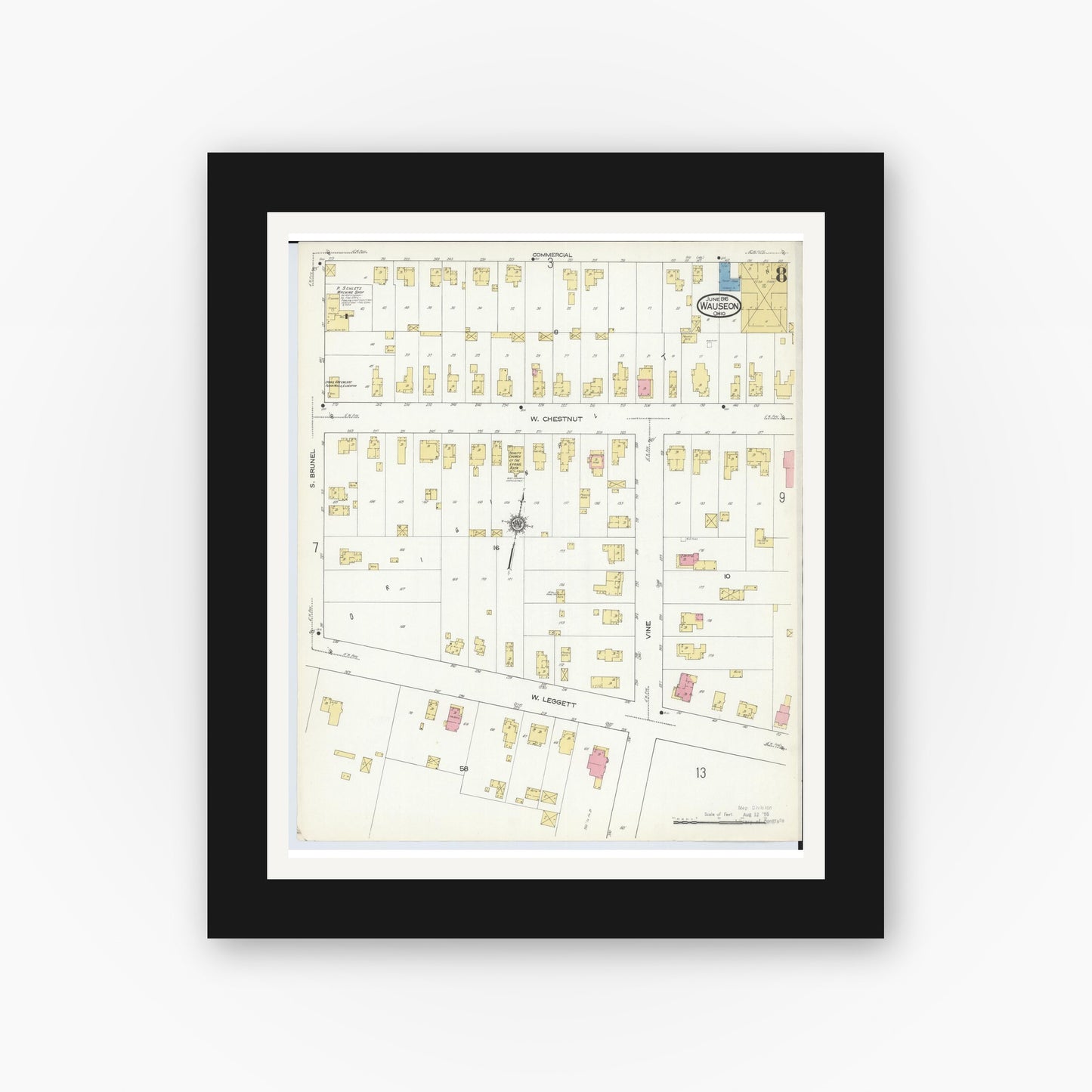 Old map wall art mockup — black gallery frame with white mat — Sanborn Fire Insurance Map from Wauseon, Fulton County, Ohio (1916), Sheet #0008