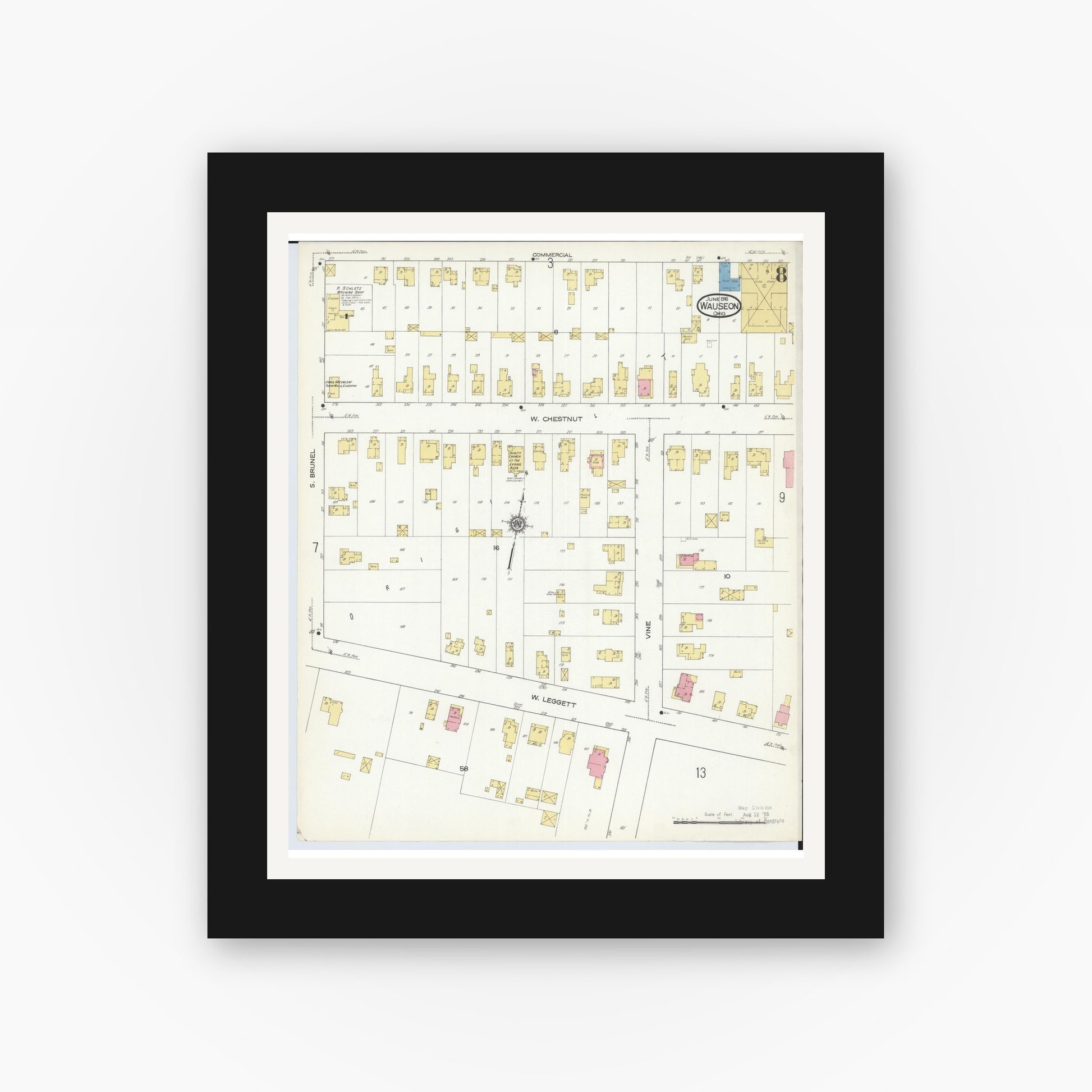 Old map wall art mockup — black gallery frame with white mat — Sanborn Fire Insurance Map from Wauseon, Fulton County, Ohio (1916), Sheet #0008