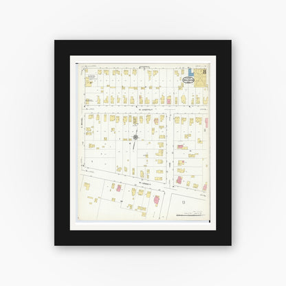 Old map wall art mockup — black gallery frame with white mat — Sanborn Fire Insurance Map from Wauseon, Fulton County, Ohio (1916), Sheet #0008