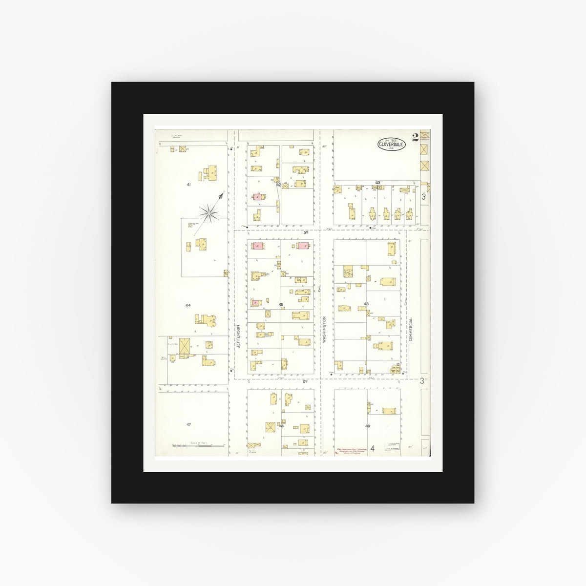 Old map wall art mockup — black gallery frame with white mat — Sanborn Fire Insurance Map from Cloverdale, Sonoma County, California (1905), Sheet #0002