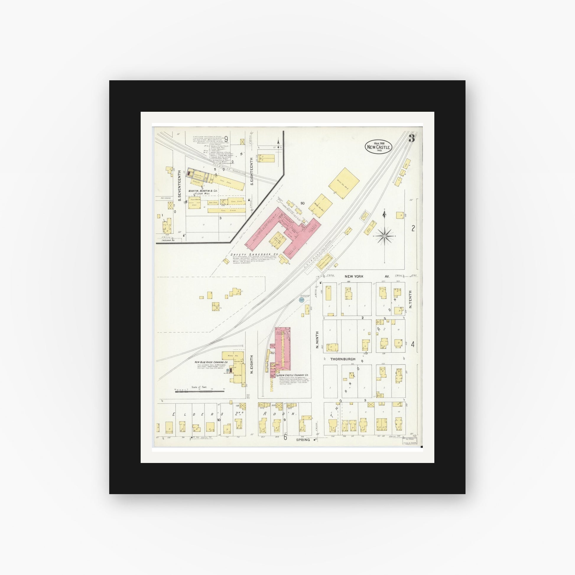 Old map wall art mockup — black gallery frame with white mat — Sanborn Fire Insurance Map from New Castle, Henry County, Indiana (1908), Sheet #0003