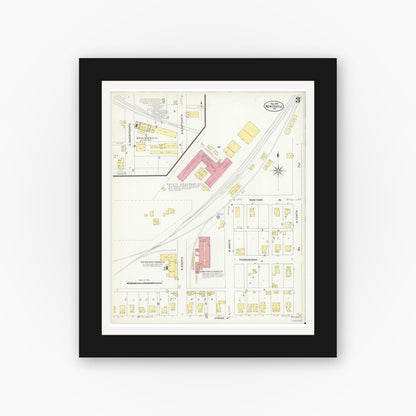 Old map wall art mockup — black gallery frame with white mat — Sanborn Fire Insurance Map from New Castle, Henry County, Indiana (1908), Sheet #0003
