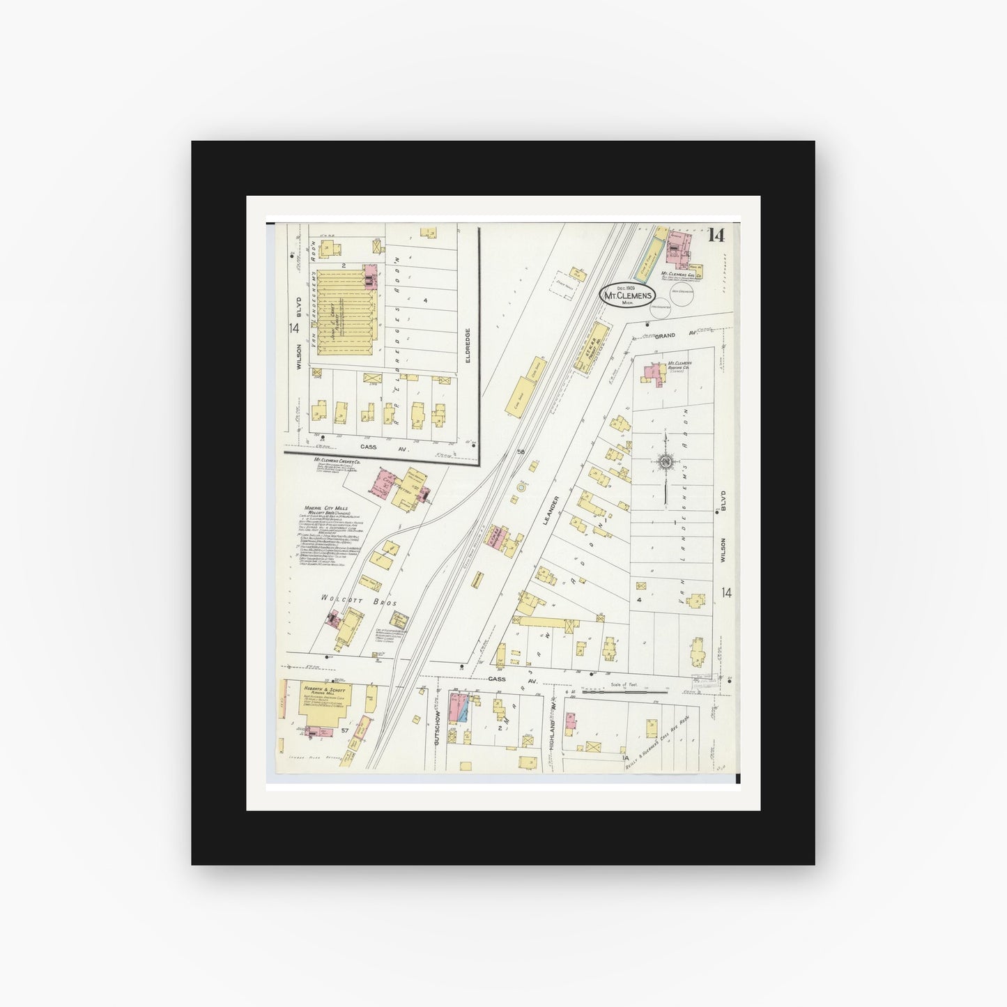 Old map wall art mockup — black gallery frame with white mat — Sanborn Fire Insurance Map from Mount Clemens, Macomb County, Michigan (1909), Sheet #0014