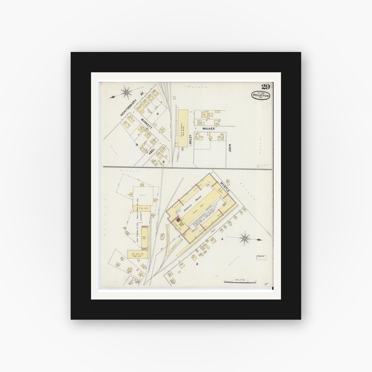 Old map wall art mockup — black gallery frame with white mat — Sanborn Fire Insurance Map from Houston, Harris County, Texas (1890), Sheet #0029