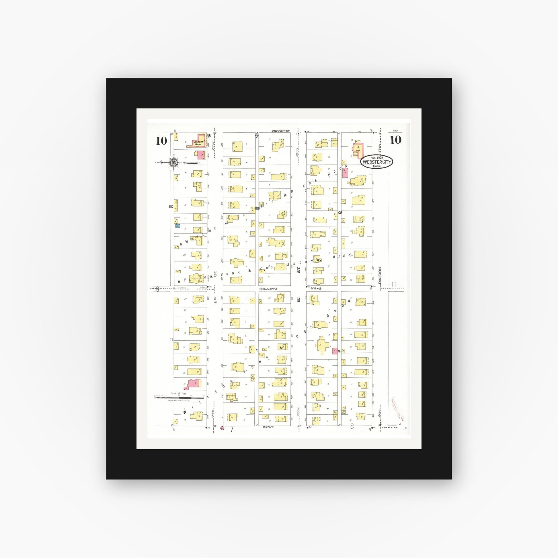 Old map wall art mockup — black gallery frame with white mat — Sanborn Fire Insurance Map from Webster City, Hamilton County, Iowa (1923), Sheet #0010