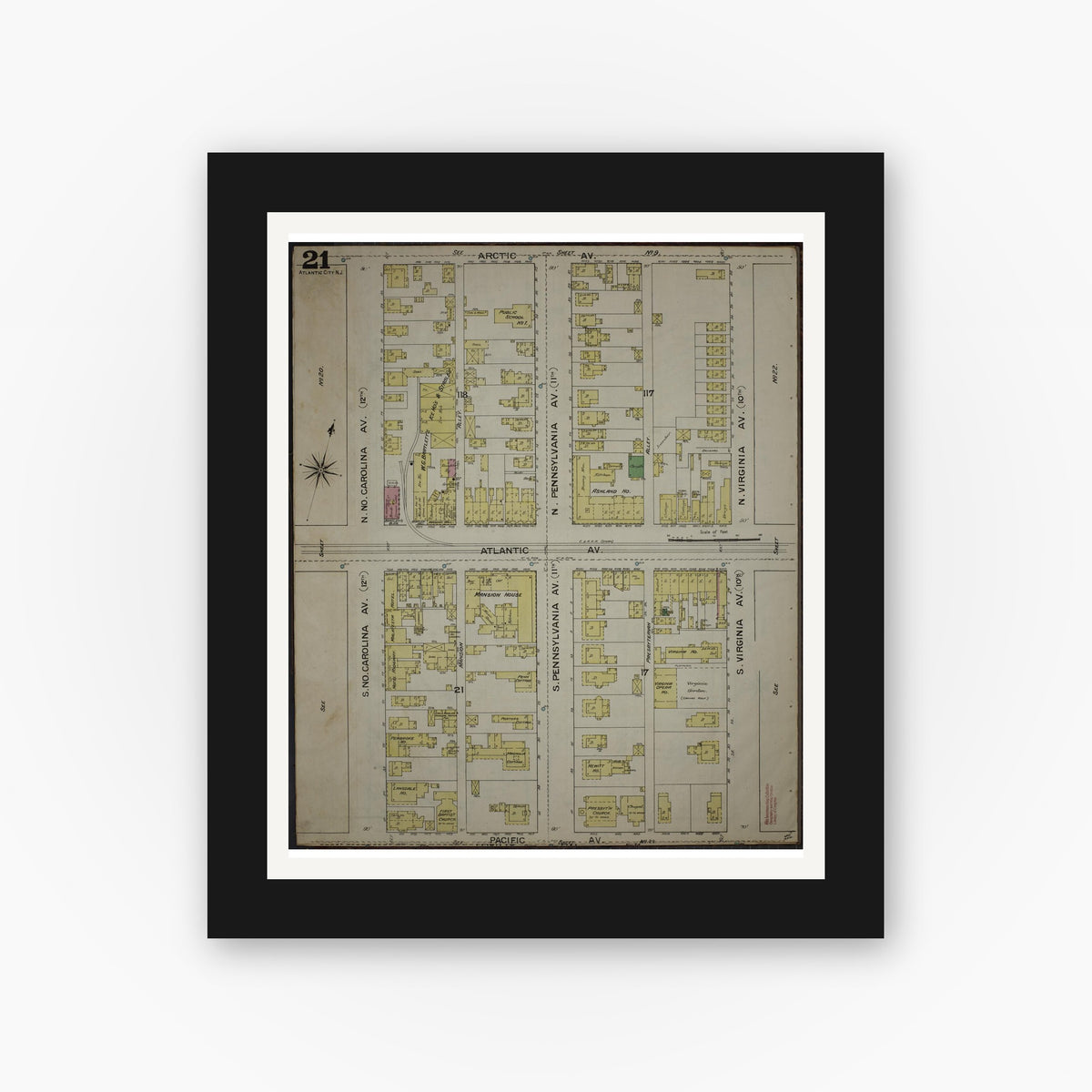 Old map wall art mockup — black gallery frame with white mat — Sanborn Fire Insurance Map from Atlantic City, Atlantic County, New Jersey (1886), Sheet #0021