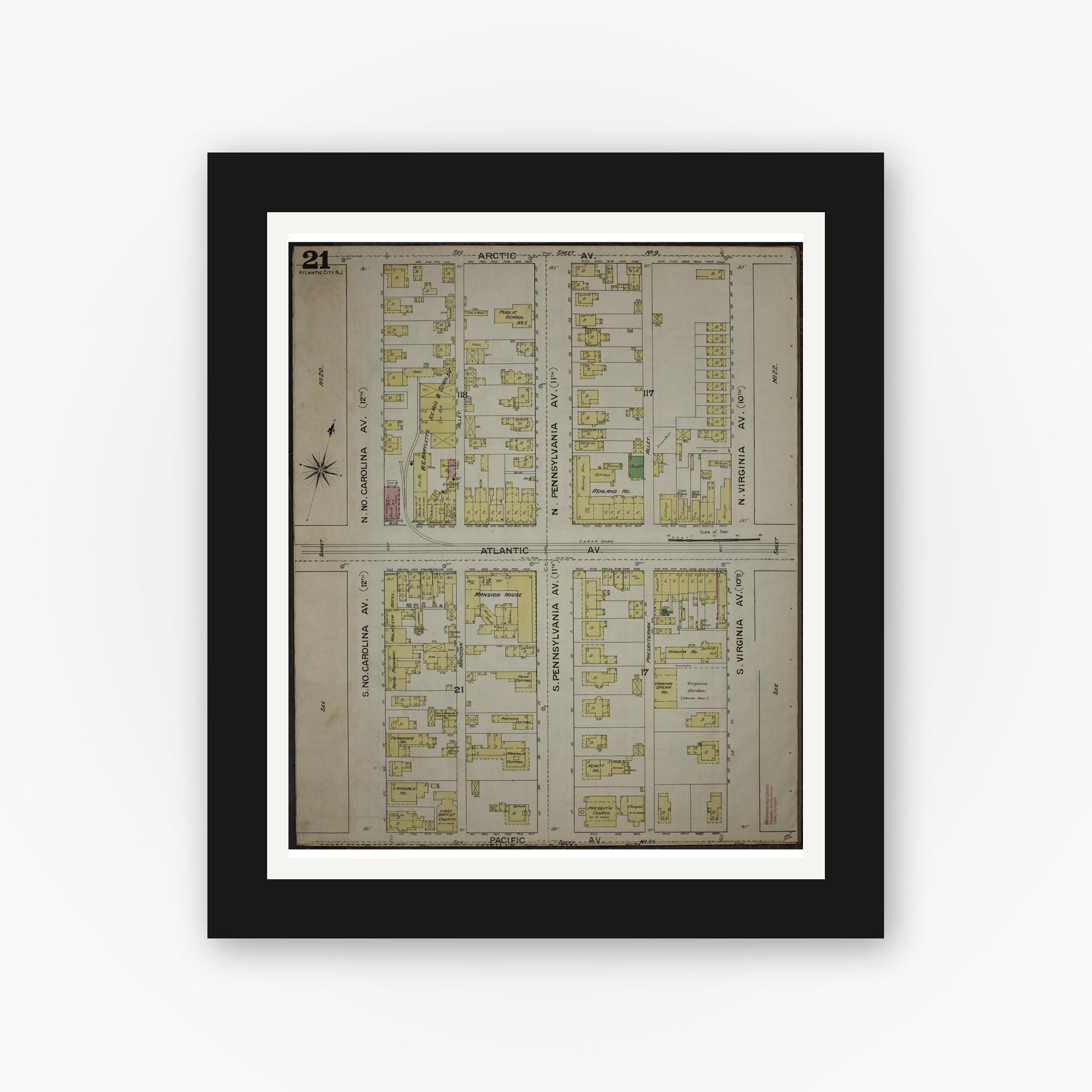 Old map wall art mockup — black gallery frame with white mat — Sanborn Fire Insurance Map from Atlantic City, Atlantic County, New Jersey (1886), Sheet #0021