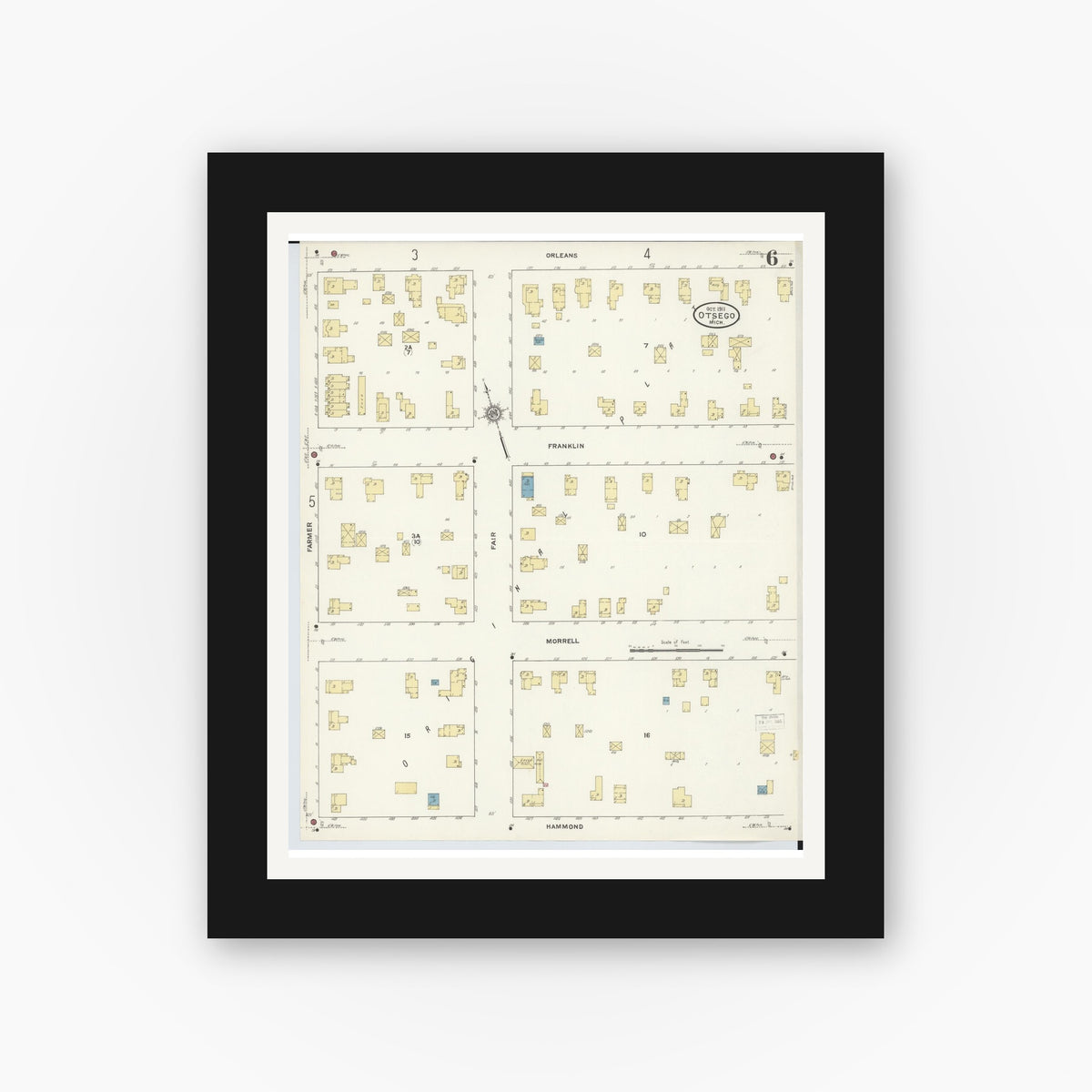 Old map wall art mockup — black gallery frame with white mat — Sanborn Fire Insurance Map from Otsego, Allegan County, Michigan (1911), Sheet #0006