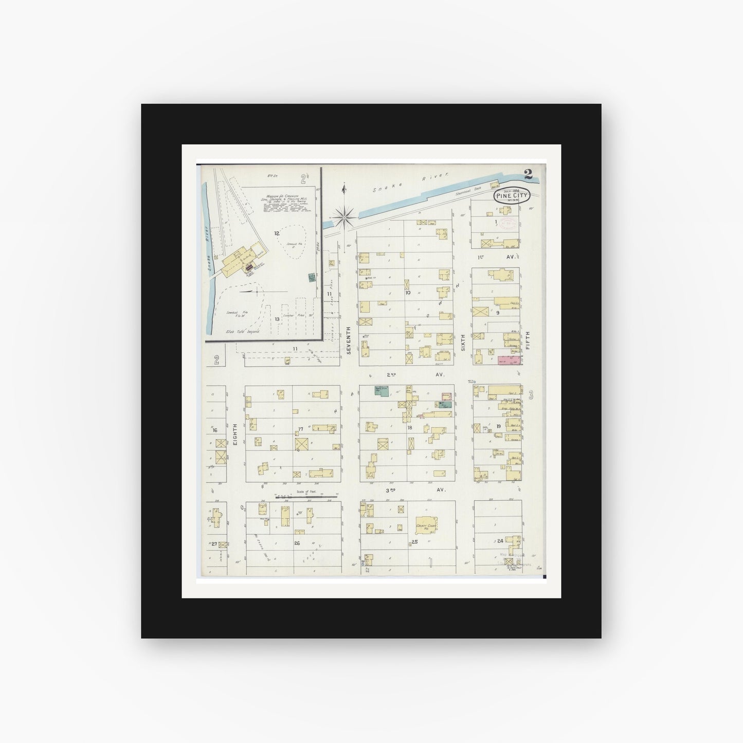 Old map wall art mockup — black gallery frame with white mat — Sanborn Fire Insurance Map from Pine City, Pine County, Minnesota (1894), Sheet #0002