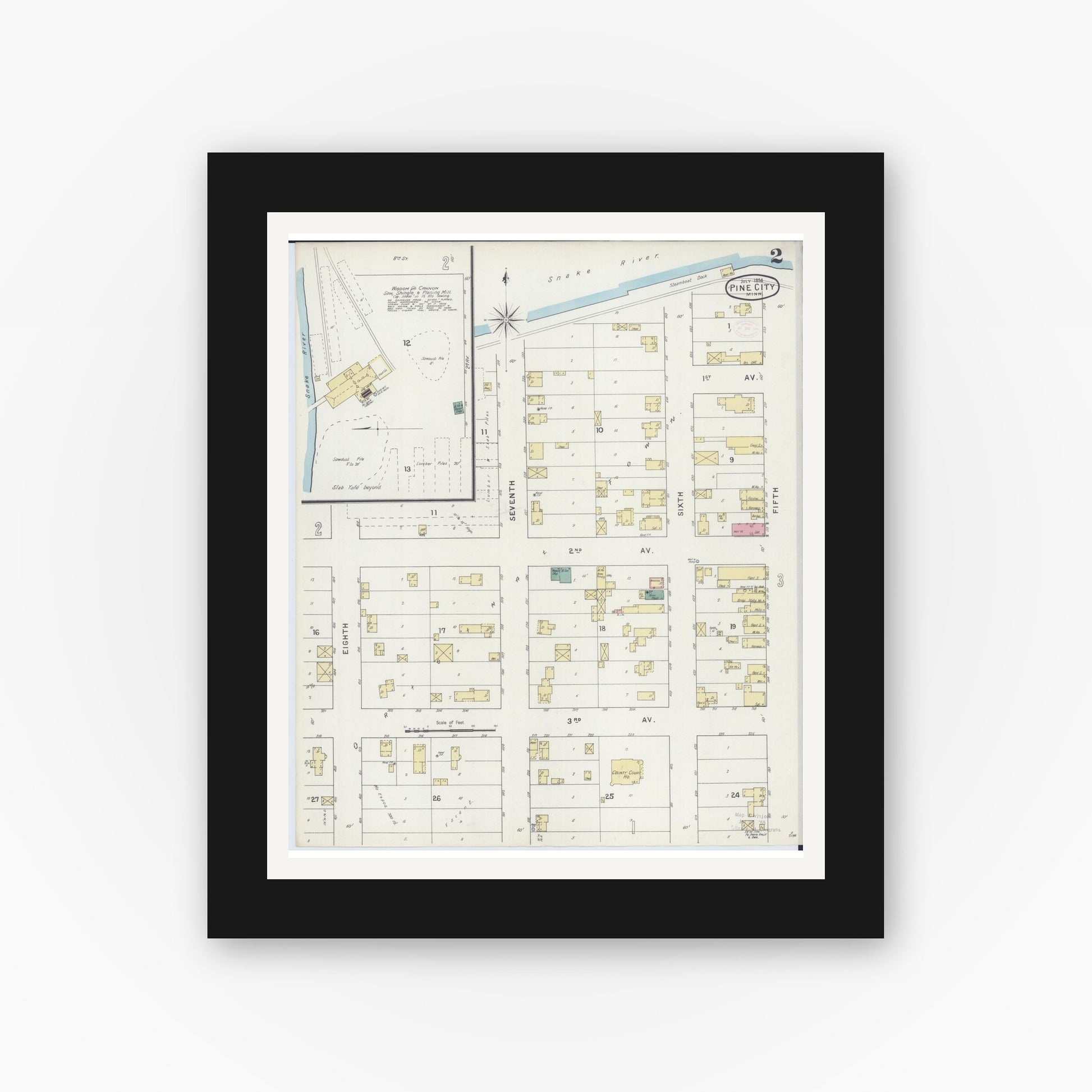 Old map wall art mockup — black gallery frame with white mat — Sanborn Fire Insurance Map from Pine City, Pine County, Minnesota (1894), Sheet #0002