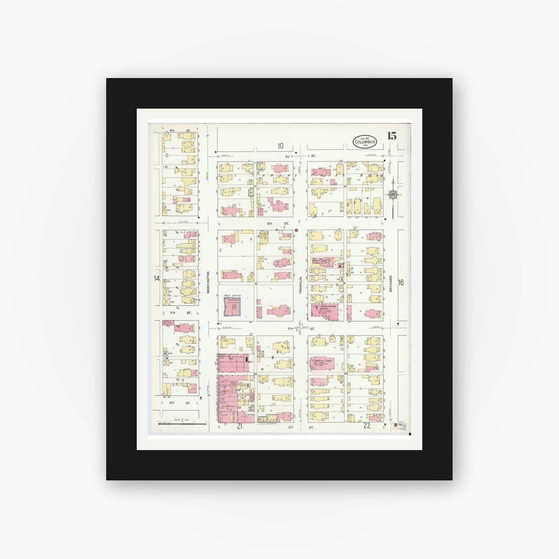 Old map wall art mockup — black gallery frame with white mat — Sanborn Fire Insurance Map from Columbus, Bartholomew County, Indiana (1912), Sheet #0015