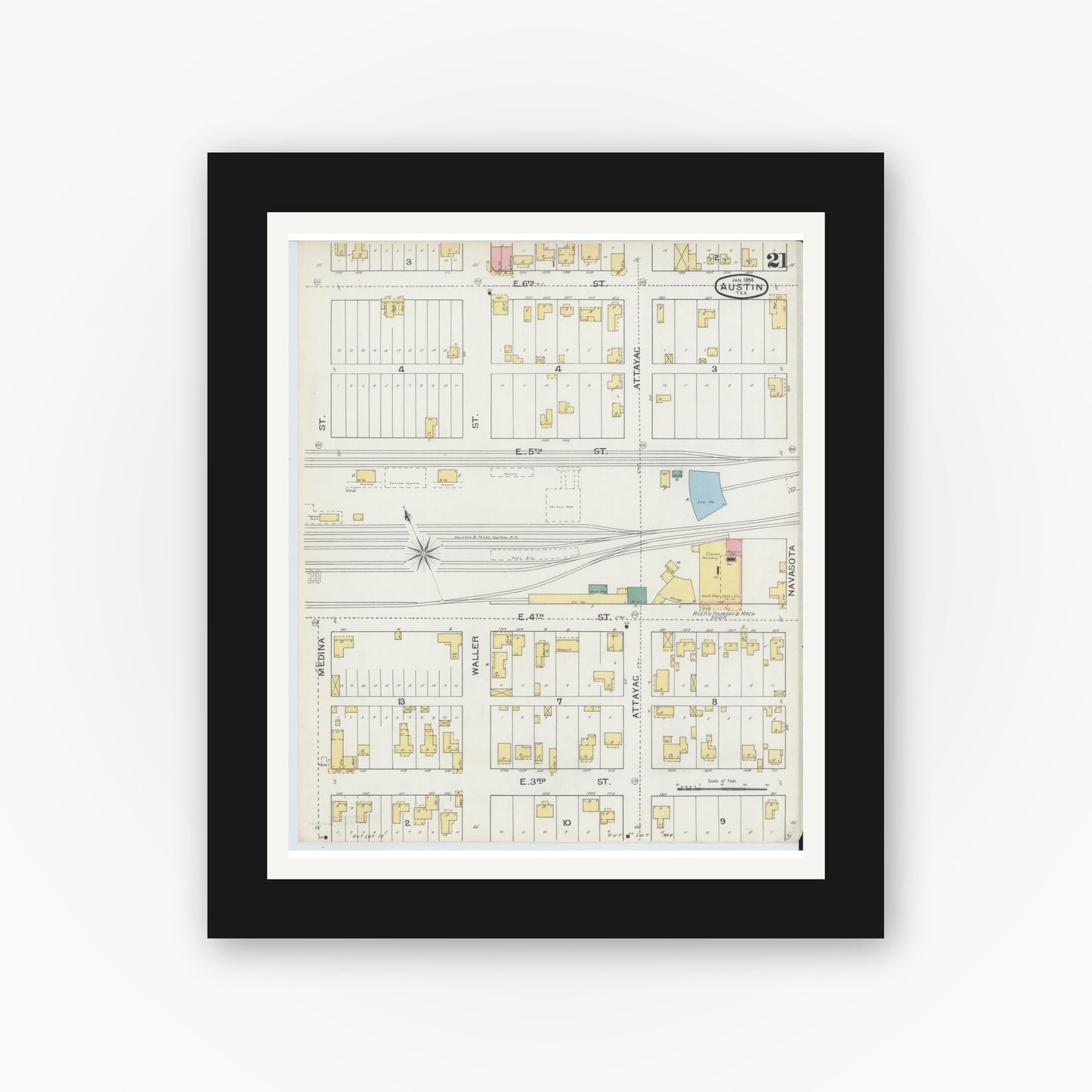 Old map wall art mockup — black gallery frame with white mat — Sanborn Fire Insurance Map from Austin, Travis County, Texas (1894), Sheet #0021