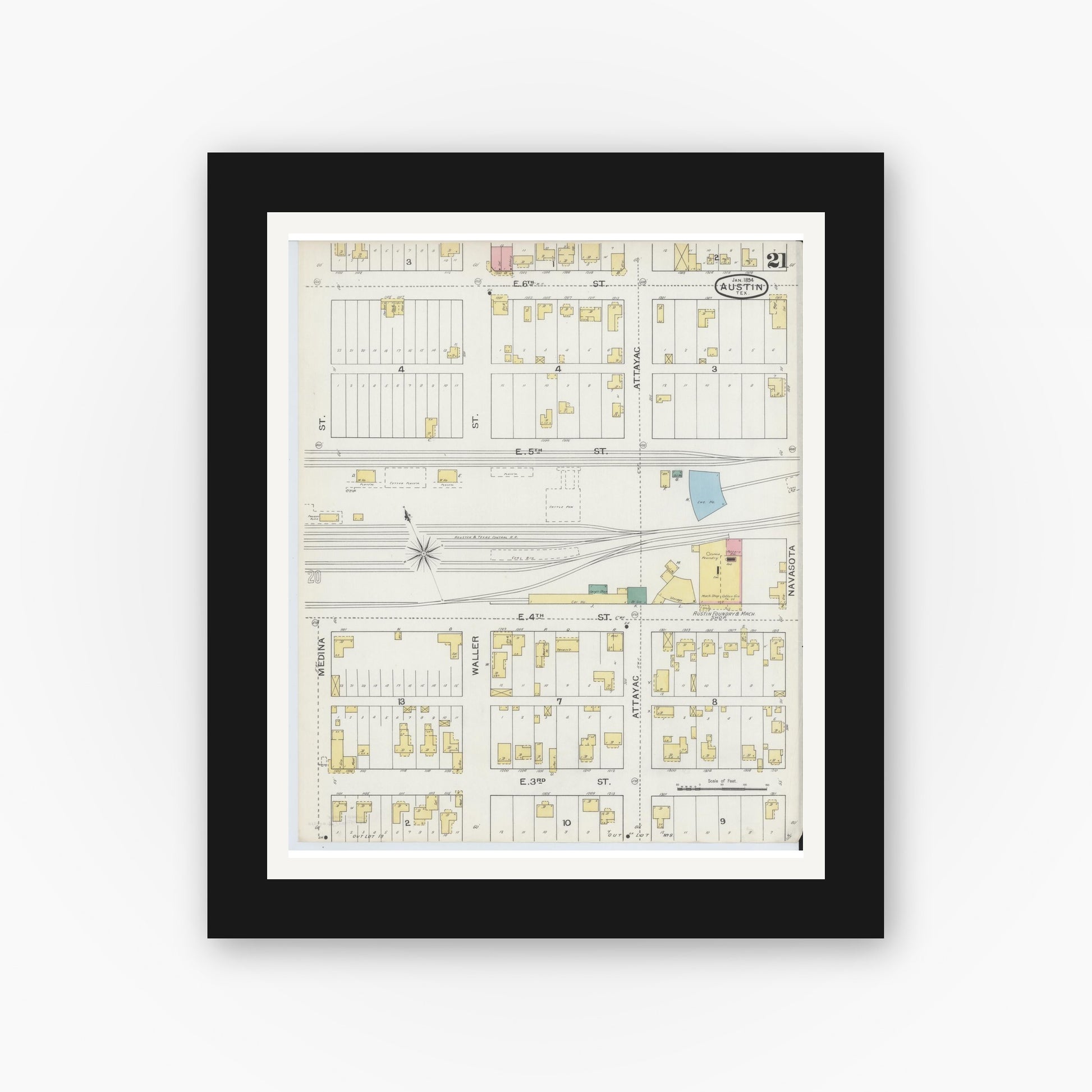 Old map wall art mockup — black gallery frame with white mat — Sanborn Fire Insurance Map from Austin, Travis County, Texas (1894), Sheet #0021