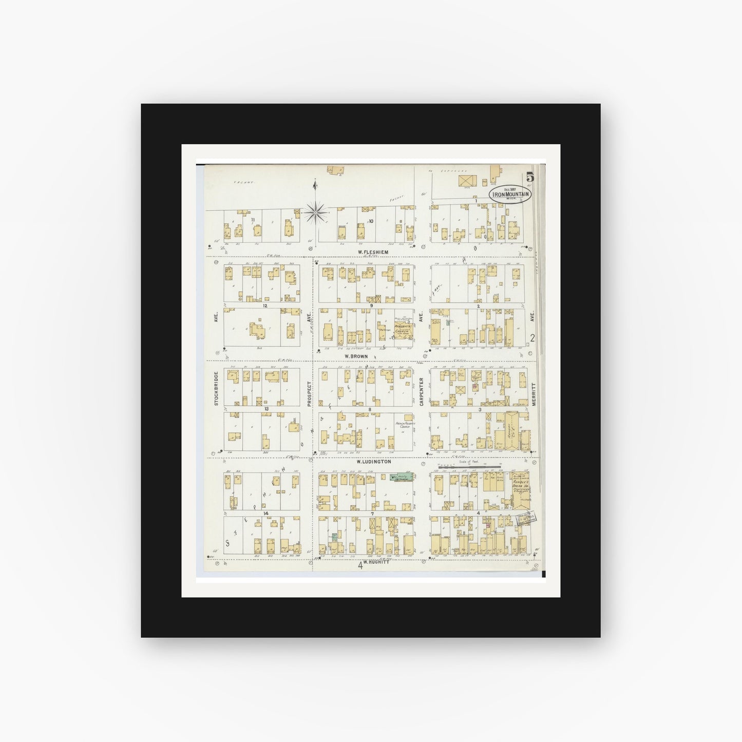 Old map wall art mockup — black gallery frame with white mat — Sanborn Fire Insurance Map from Iron Mountain, Dickinson County, Michigan (1897), Sheet #0005
