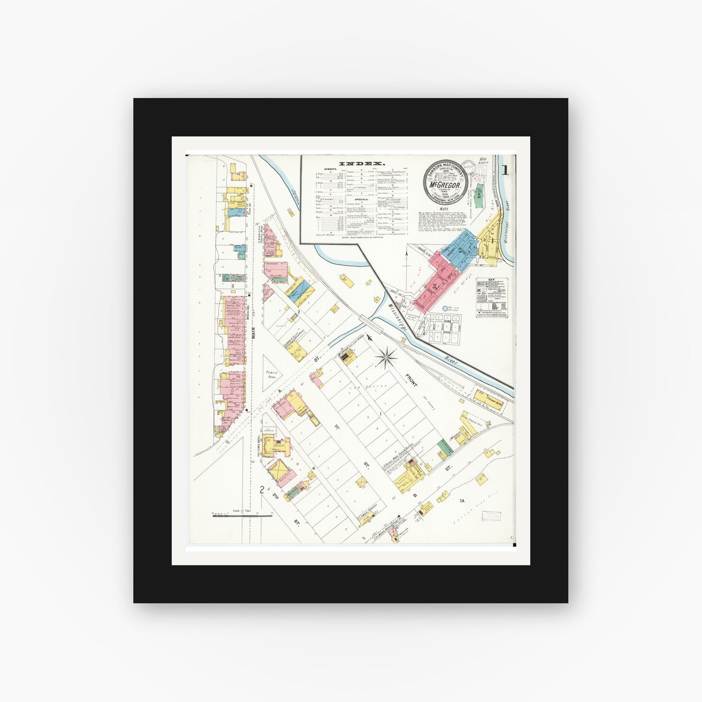 Old map wall art mockup — black gallery frame with white mat — Sanborn Fire Insurance Map from McGregor, Clayton County, Iowa (1902) â€” Complete Set