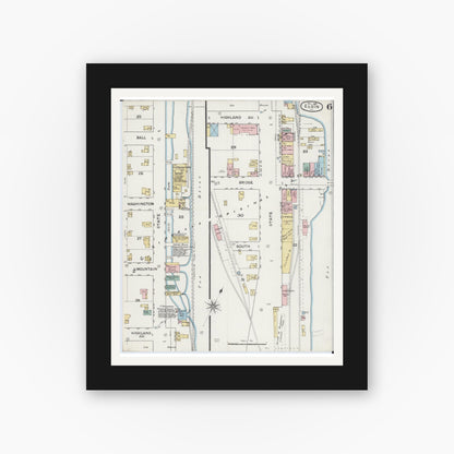 Old map wall art mockup — black gallery frame with white mat — Sanborn Fire Insurance Map from Elgin, Kane County, Illinois (1887), Sheet #0006