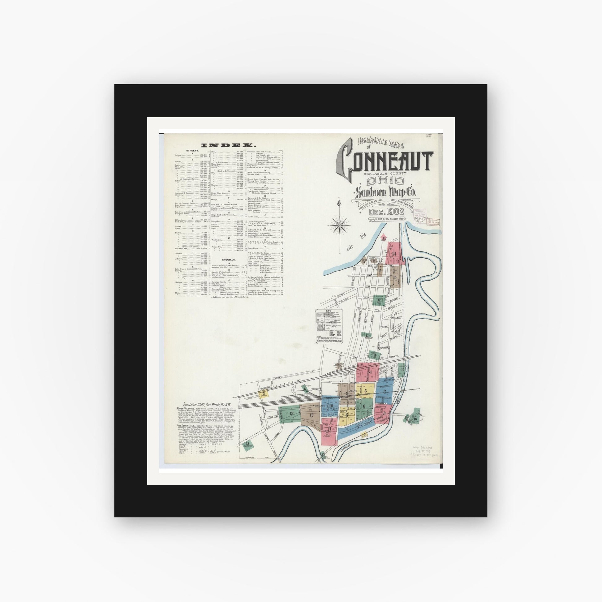 Old map wall art mockup — black gallery frame with white mat — Sanborn Fire Insurance Map from Conneaut, Ashtabula County, Ohio (1902) - Complete Map Set