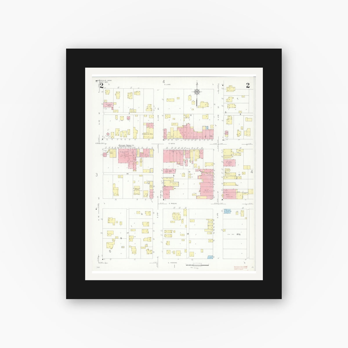 Old map wall art mockup — black gallery frame with white mat — Sanborn Fire Insurance Map from Waterville, Le Sueur County, Minnesota (1937), Sheet #0002