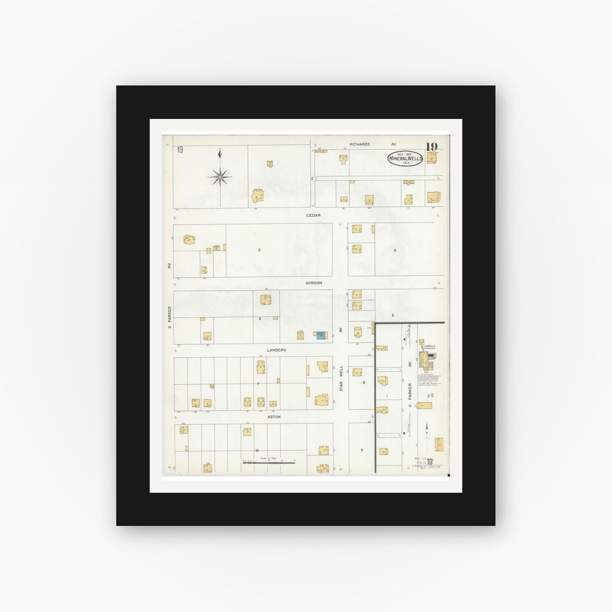 Old map wall art mockup — black gallery frame with white mat — Sanborn Fire Insurance Map from Mineral Wells, Palo Pinto County, Texas (1907), Sheet #0019