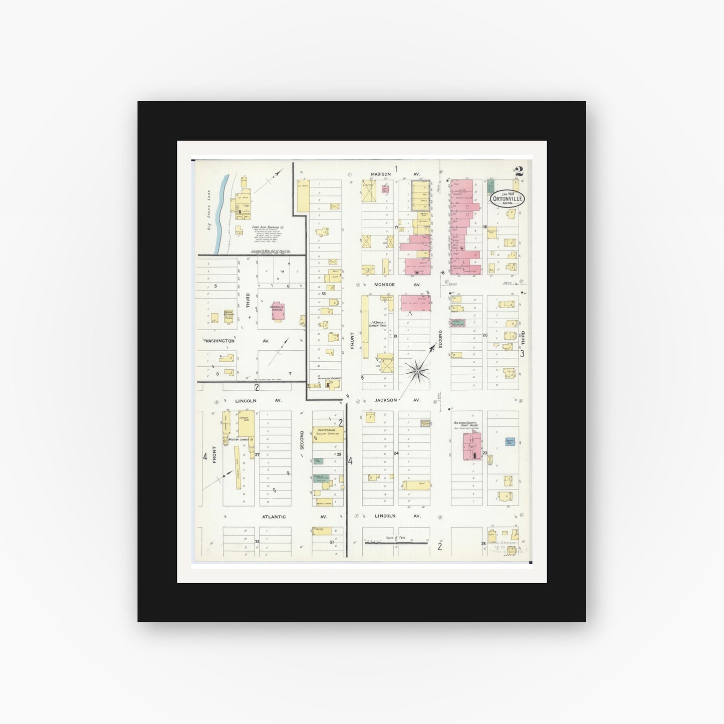 Old map wall art mockup — black gallery frame with white mat — Sanborn Fire Insurance Map from Ortonville, Big Stone County, Minnesota (1909), Sheet #0002