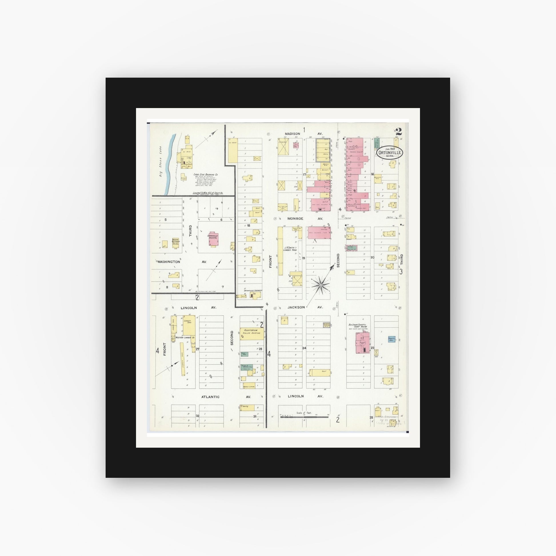 Old map wall art mockup — black gallery frame with white mat — Sanborn Fire Insurance Map from Ortonville, Big Stone County, Minnesota (1909), Sheet #0002