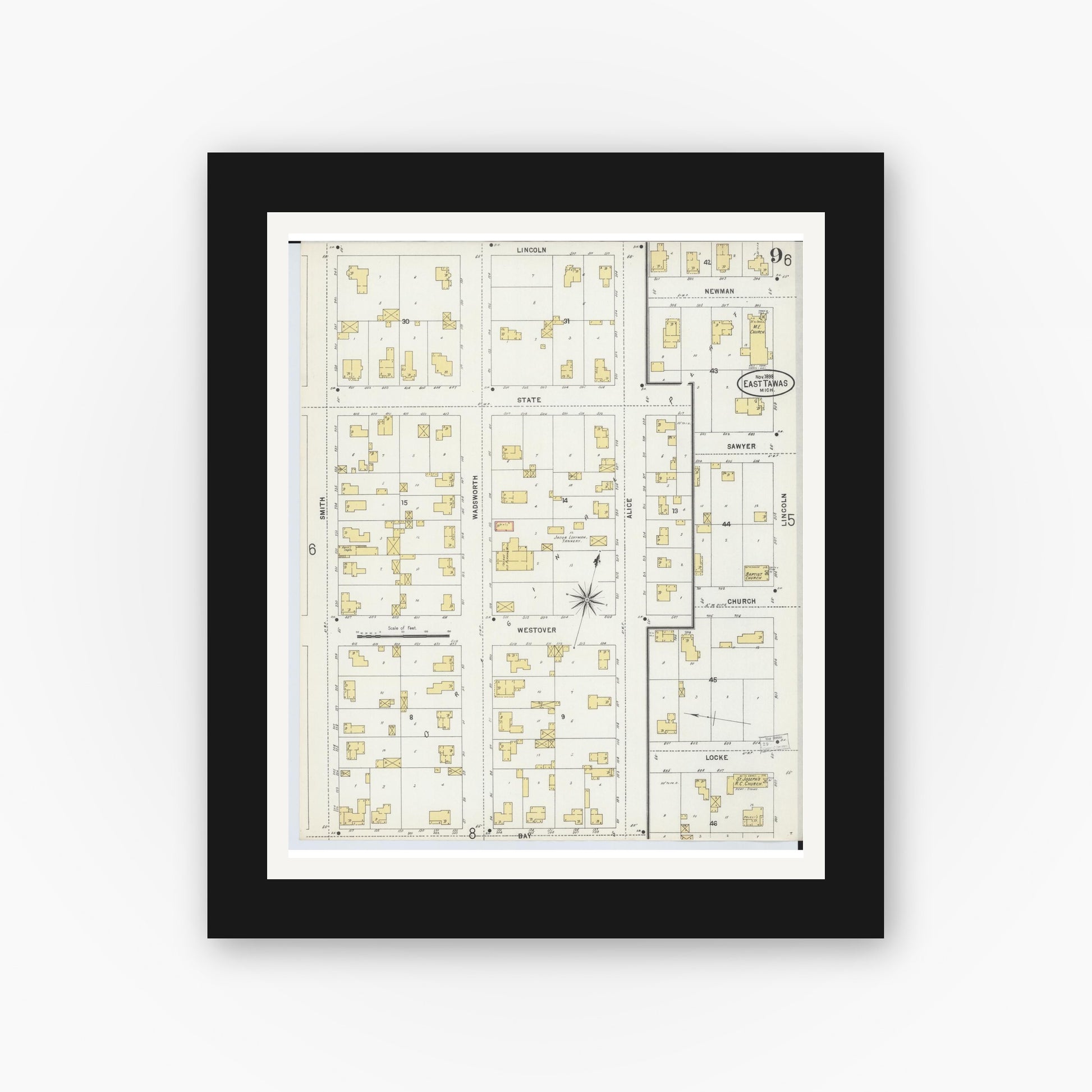 Old map wall art mockup — black gallery frame with white mat — Sanborn Fire Insurance Map from Tawas City, Iosco County, Michigan (1898), Sheet #0009