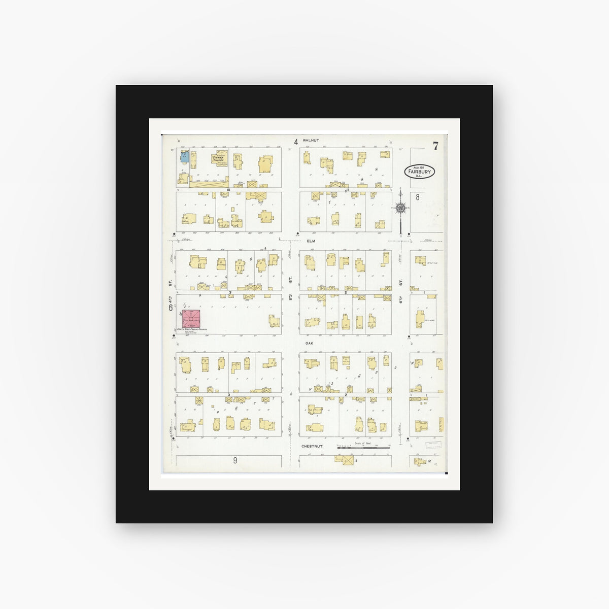 Old map wall art mockup — black gallery frame with white mat — Sanborn Fire Insurance Map from Fairbury, Livingston County, Illinois (1911), Sheet #0007