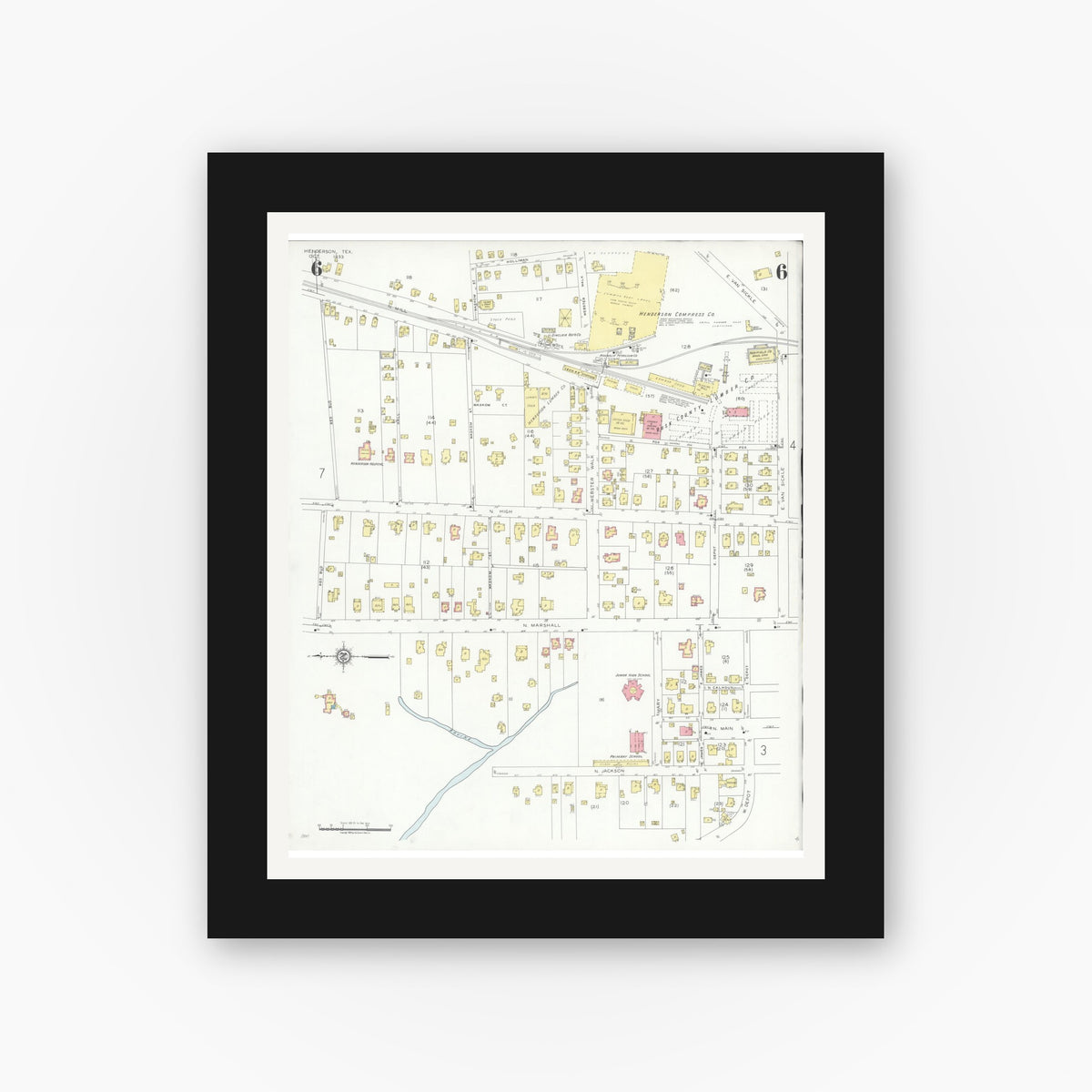 Old map wall art mockup — black gallery frame with white mat — Sanborn Fire Insurance Map from Henderson, Rusk County, Texas (1933), Sheet #0006