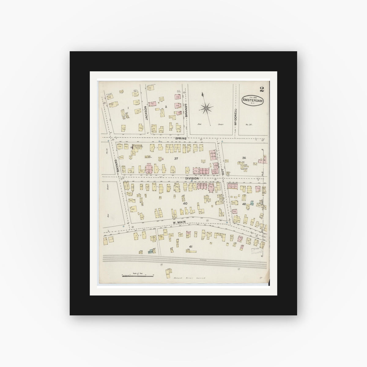 Old map wall art mockup — black gallery frame with white mat — Sanborn Fire Insurance Map from Amsterdam, Montgomery County, New York (1888) - Complete Map Set