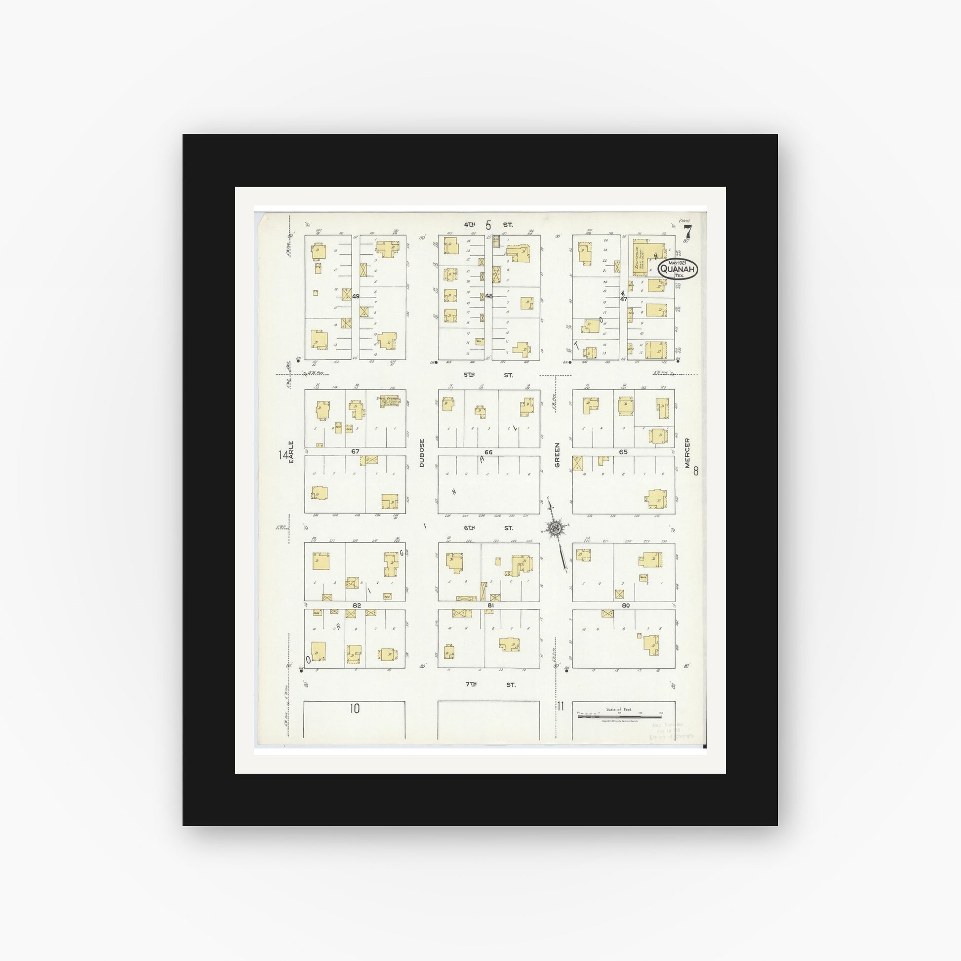 Old map wall art mockup — black gallery frame with white mat — Sanborn Fire Insurance Map from Quanah, Hardeman County, Texas (1921), Sheet #0007