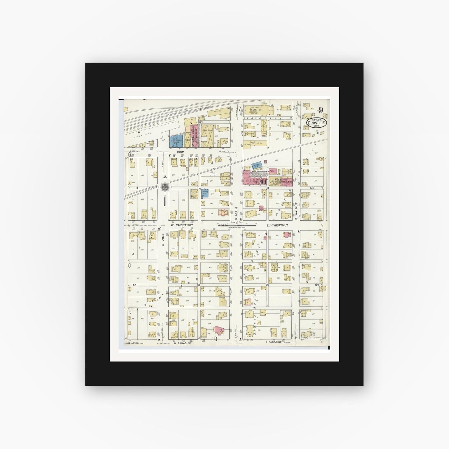 Old map wall art mockup — black gallery frame with white mat — Sanborn Fire Insurance Map from Orrville, Wayne County, Ohio (1920), Sheet #0009