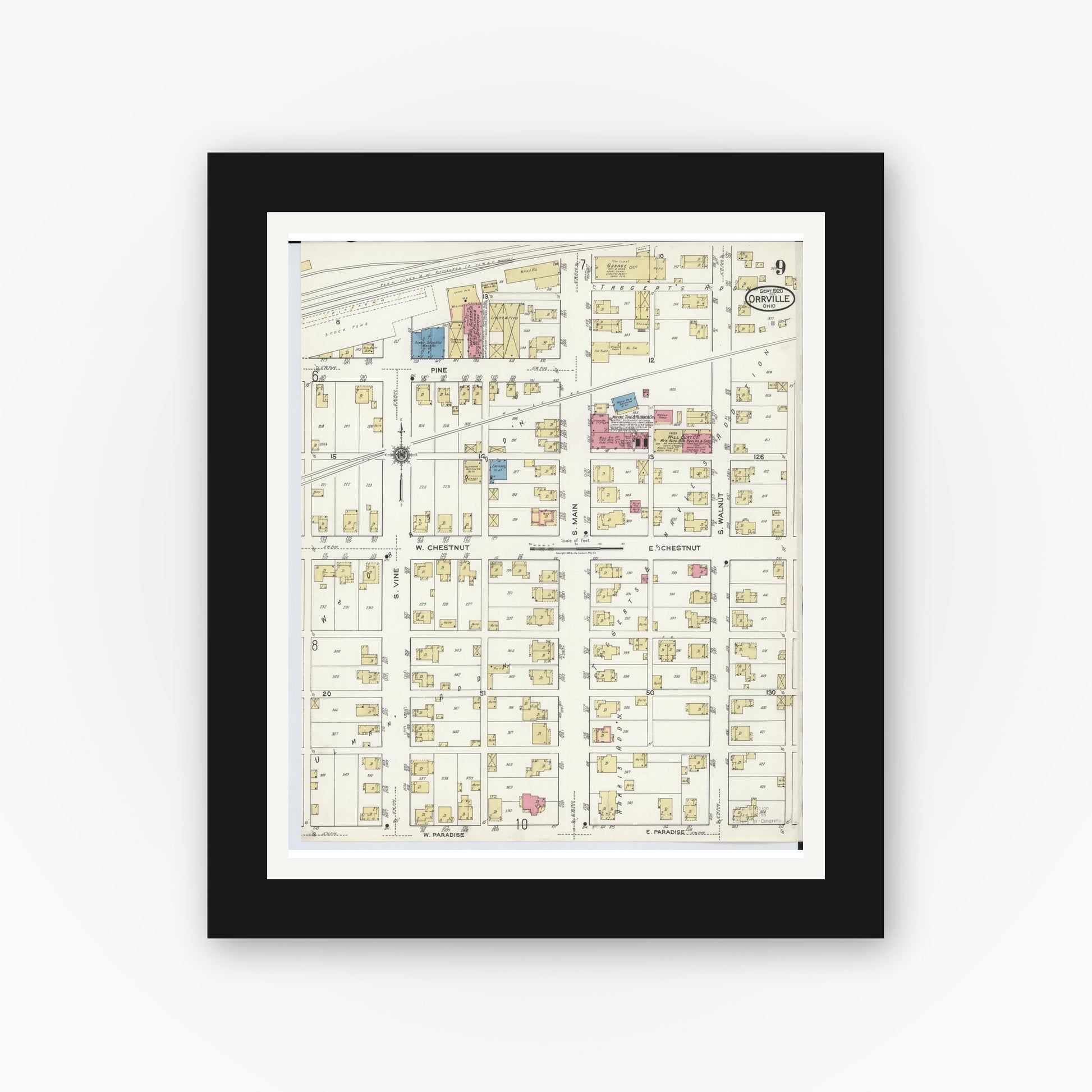 Old map wall art mockup — black gallery frame with white mat — Sanborn Fire Insurance Map from Orrville, Wayne County, Ohio (1920), Sheet #0009