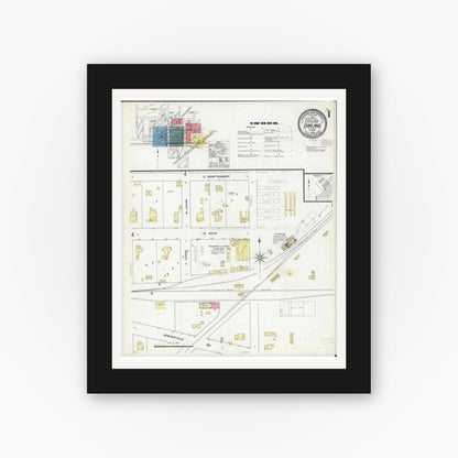 Old map wall art mockup — black gallery frame with white mat — Sanborn Fire Insurance Map from Oakland, Coles County, Illinois (1909), Sheet #0001