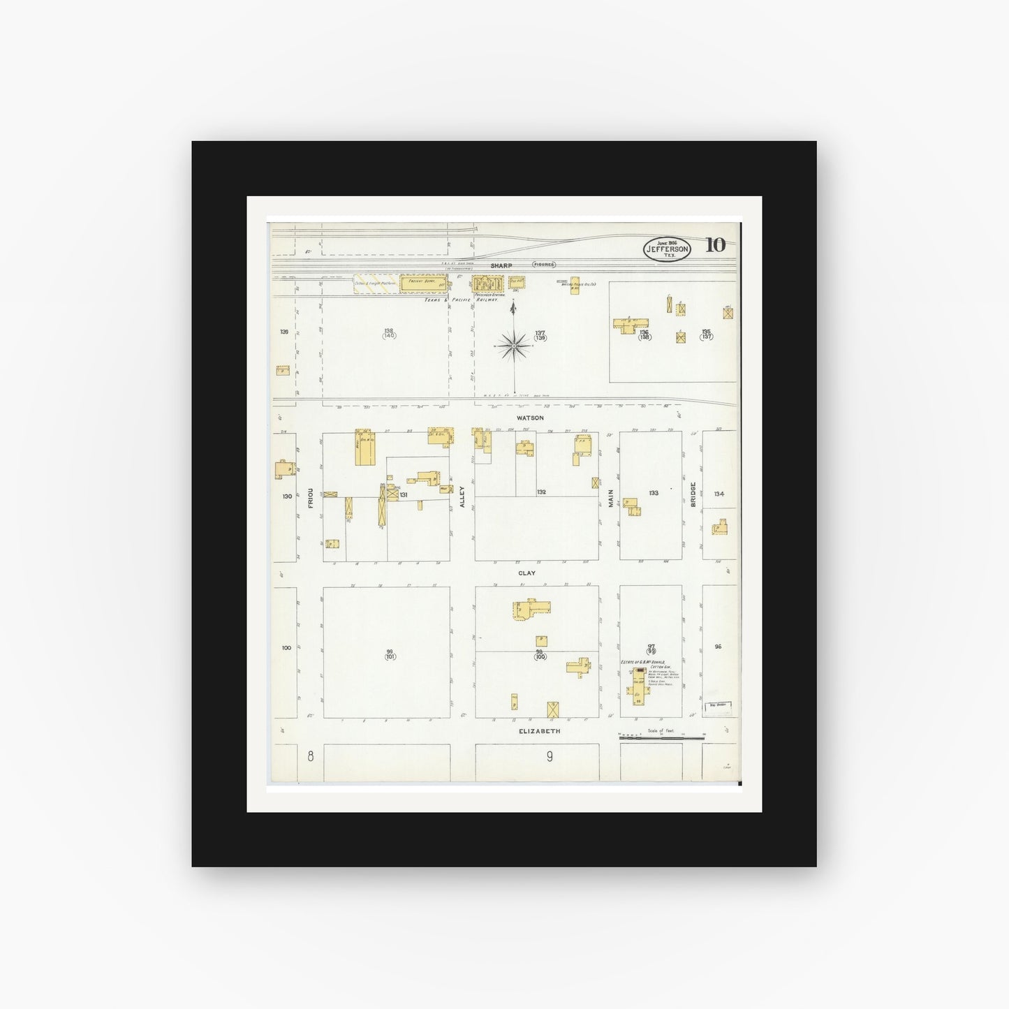 Old map wall art mockup — black gallery frame with white mat — Sanborn Fire Insurance Map from Jefferson, Marion County, Texas (1906), Sheet #0010