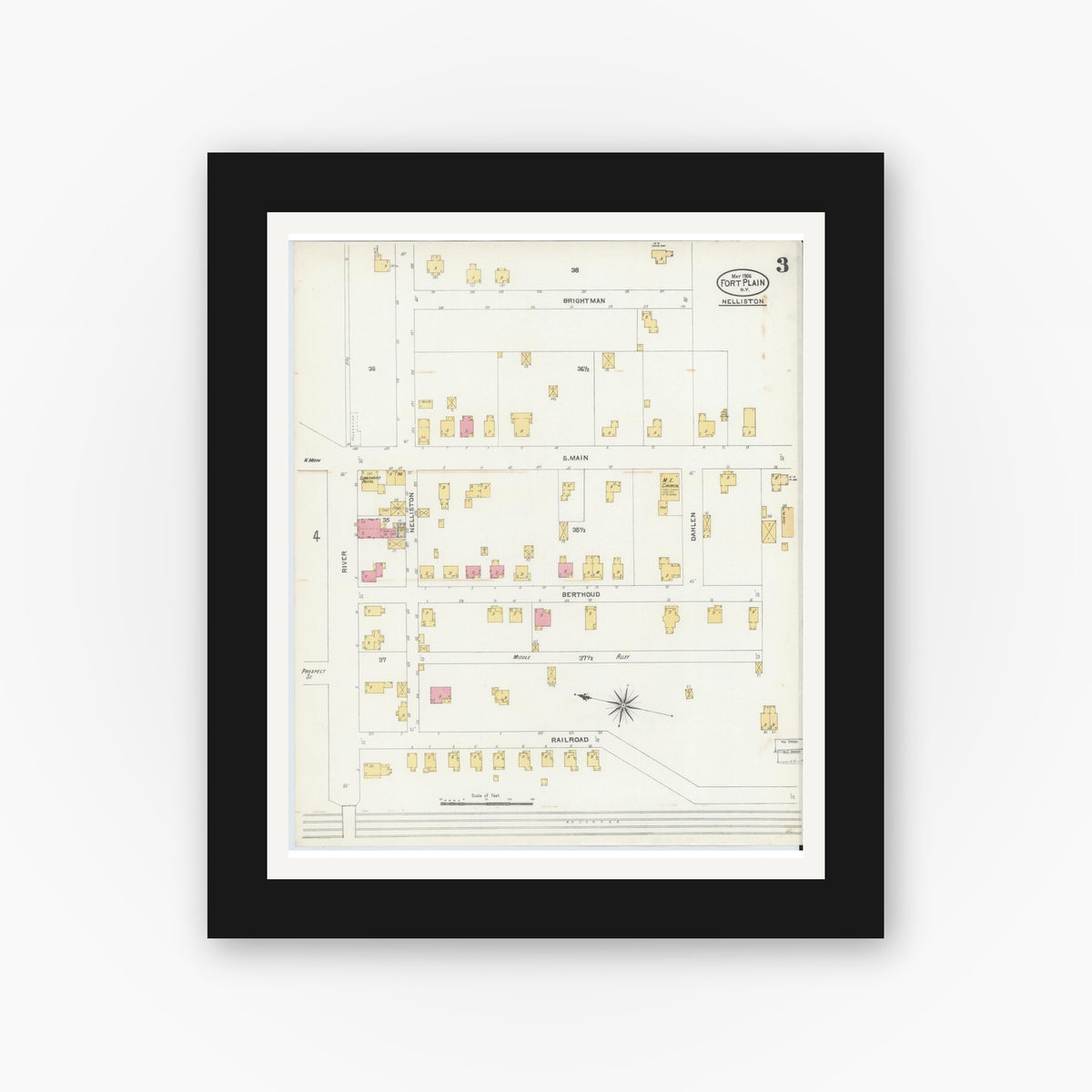 Old map wall art mockup — black gallery frame with white mat — Sanborn Fire Insurance Map from Fort Plain, Montgomery County, New York (1906), Sheet #0003