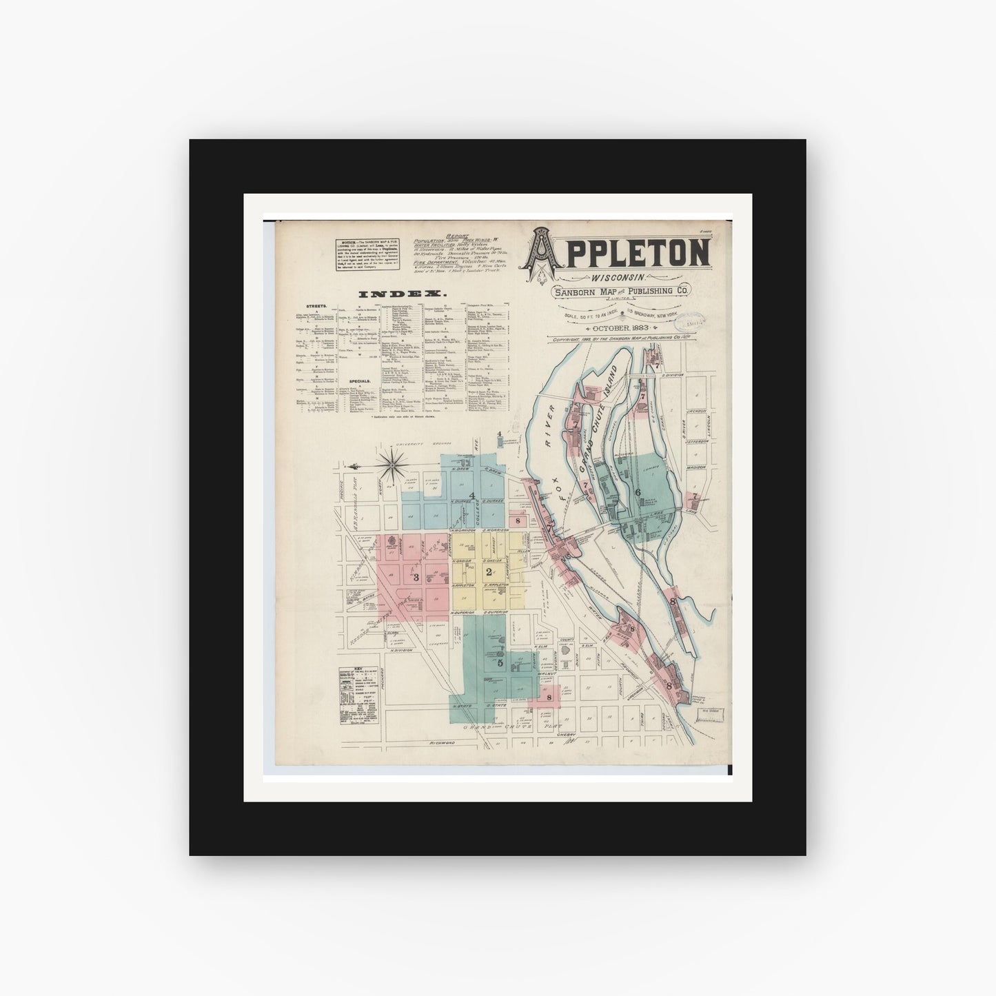 Old map wall art mockup — black gallery frame with white mat — Sanborn Fire Insurance Map from Appleton, Outagamie County, Wisconsin (1883), Sheet #0001