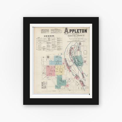 Old map wall art mockup — black gallery frame with white mat — Sanborn Fire Insurance Map from Appleton, Outagamie County, Wisconsin (1883), Sheet #0001