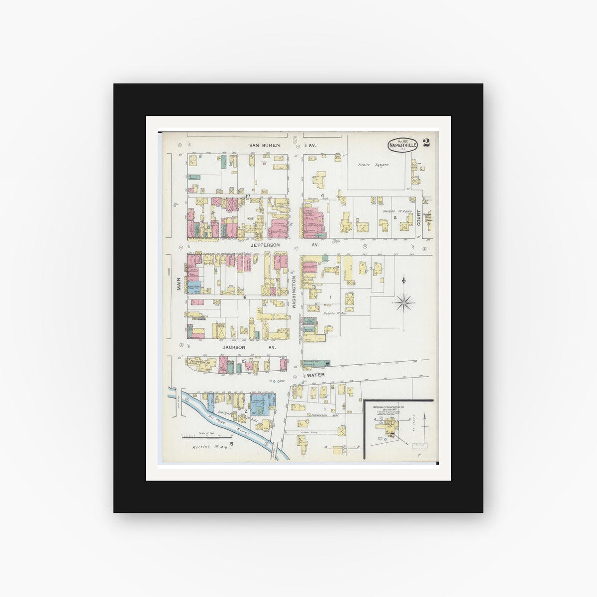 Old map wall art mockup — black gallery frame with white mat — Sanborn Fire Insurance Map from Naperville, Du Page County, Illinois (1892), Sheet #0002