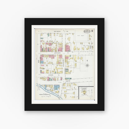 Old map wall art mockup — black gallery frame with white mat — Sanborn Fire Insurance Map from Naperville, Du Page County, Illinois (1892), Sheet #0002