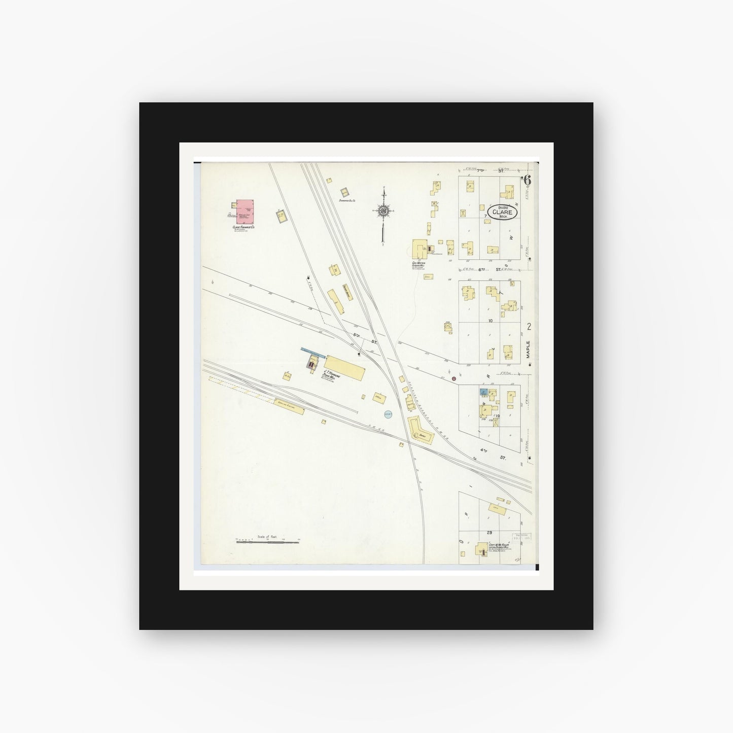 Old map wall art mockup — black gallery frame with white mat — Sanborn Fire Insurance Map from Clare, Clare County, Michigan (1910), Sheet #0006