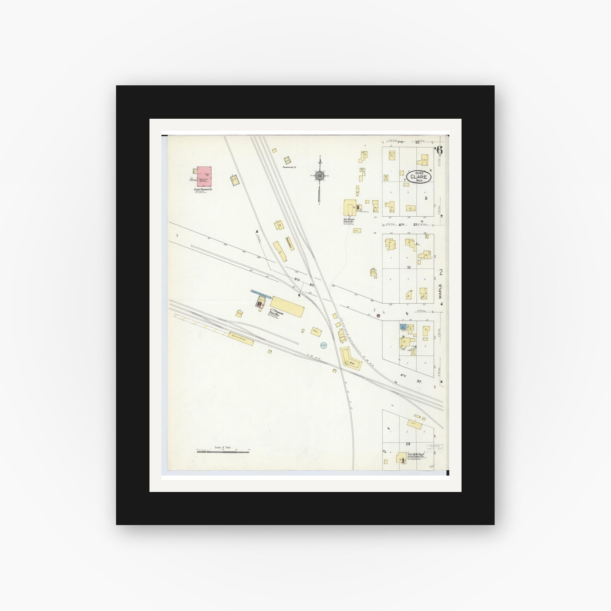 Old map wall art mockup — black gallery frame with white mat — Sanborn Fire Insurance Map from Clare, Clare County, Michigan (1910), Sheet #0006