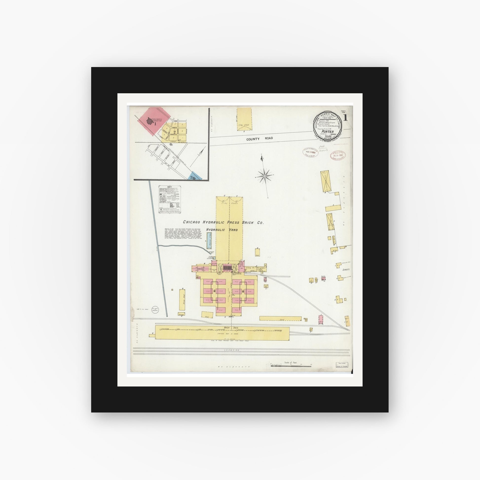 Old map wall art mockup — black gallery frame with white mat — Sanborn Fire Insurance Map from Porter, Porter County, Indiana (1899), Sheet #0001