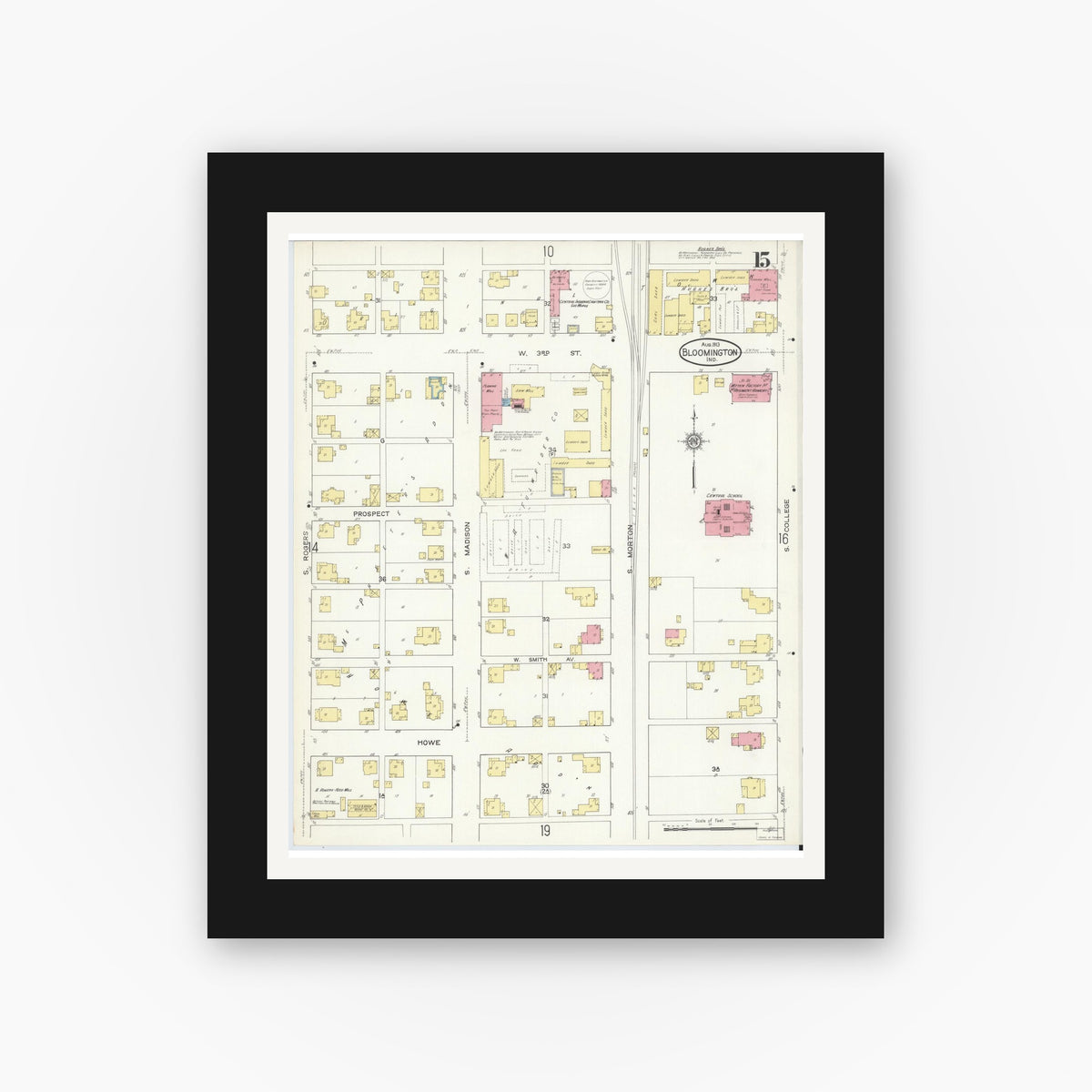Old map wall art mockup — black gallery frame with white mat — Sanborn Fire Insurance Map from Bloomington, Monroe County, Indiana (1913), Sheet #0015