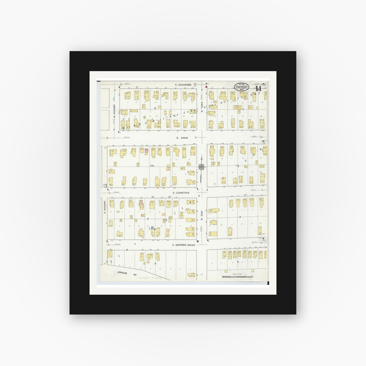 Old map wall art mockup — black gallery frame with white mat — Sanborn Fire Insurance Map from Owosso, Shiawassee County, Michigan (1915), Sheet #0014
