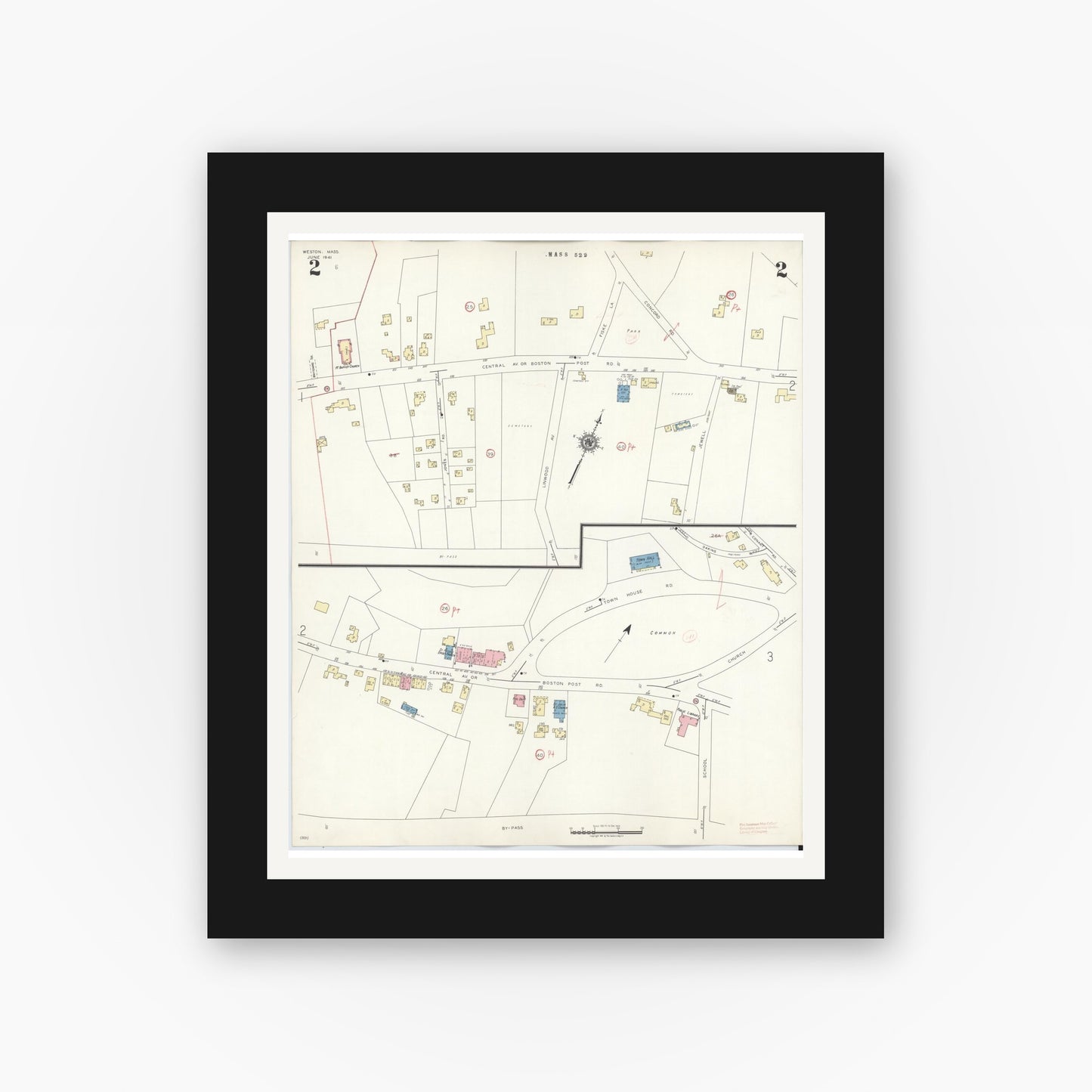 Old map wall art mockup — black gallery frame with white mat — Sanborn Fire Insurance Map from Weston, Middlesex County, Massachusetts (1941), Sheet #0002