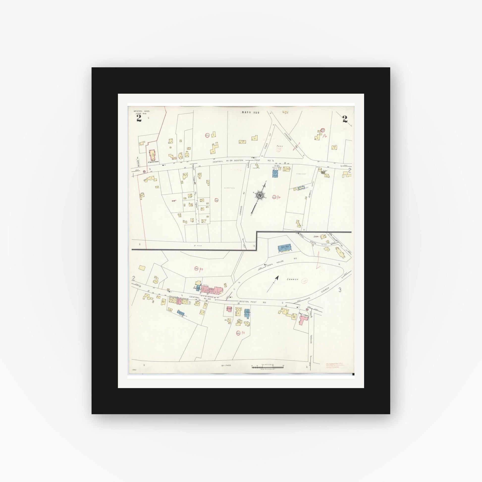 Old map wall art mockup — black gallery frame with white mat — Sanborn Fire Insurance Map from Weston, Middlesex County, Massachusetts (1941), Sheet #0002