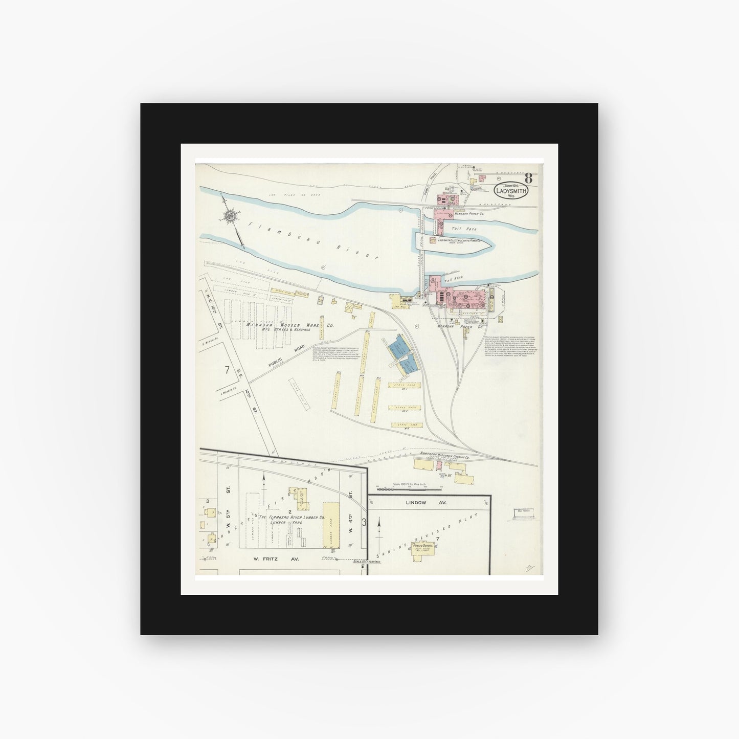 Old map wall art mockup — black gallery frame with white mat — Sanborn Fire Insurance Map from Ladysmith, Rusk County, Wisconsin (1914), Sheet #0008