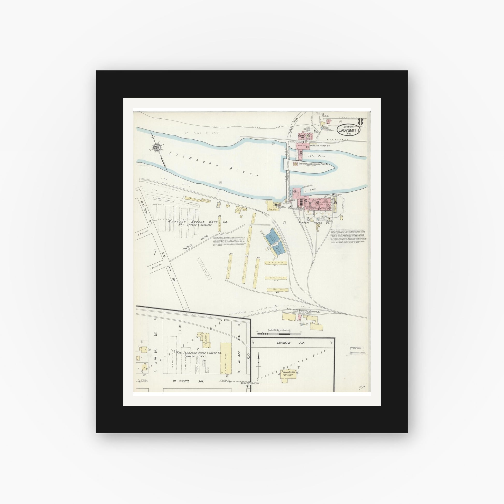 Old map wall art mockup — black gallery frame with white mat — Sanborn Fire Insurance Map from Ladysmith, Rusk County, Wisconsin (1914), Sheet #0008