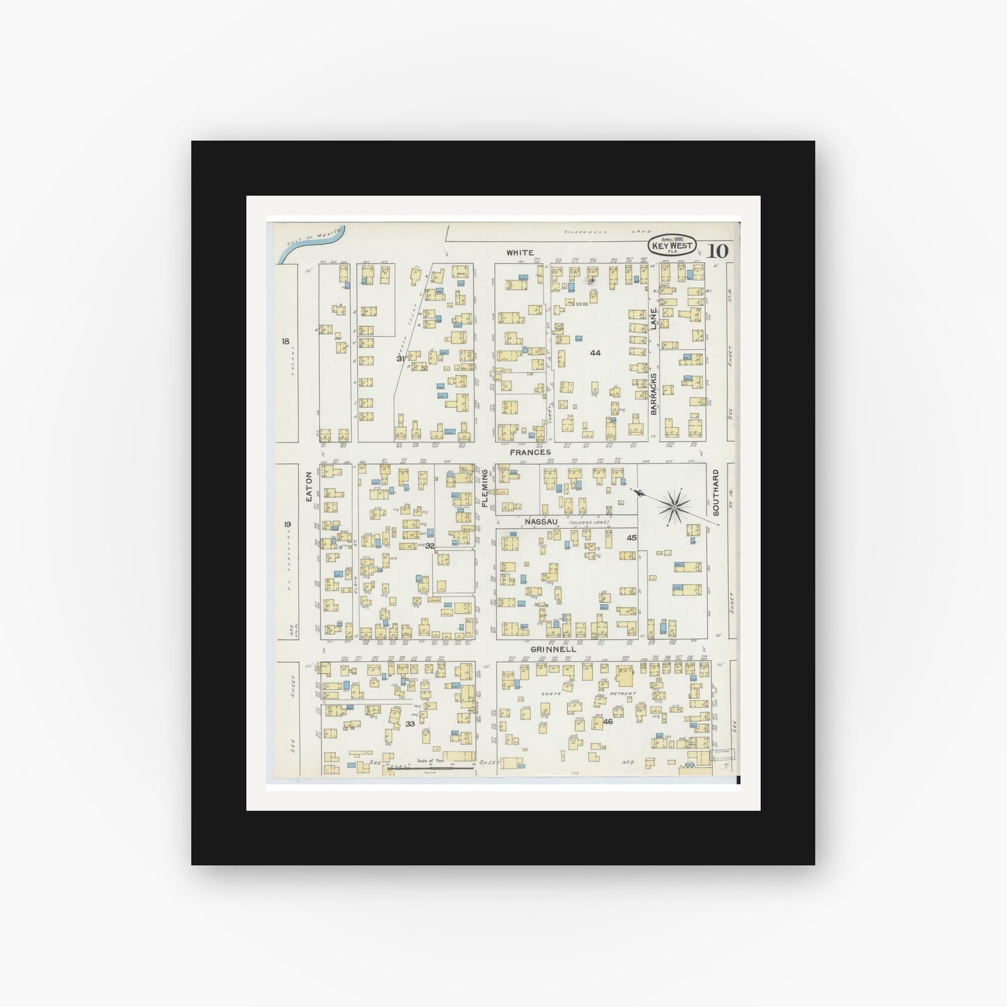 Old map wall art mockup — black gallery frame with white mat — Sanborn Fire Insurance Map from Key West, Monroe County, Florida (1892), Sheet #0010